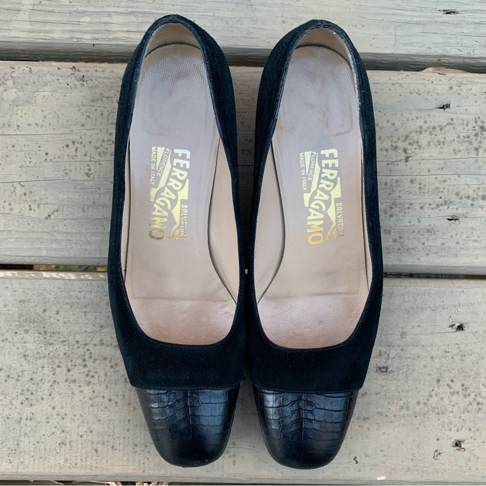Salvatore Ferragamo black embossed leather cap toe and suede shoes size 7.5 B - Picture 7 of 15